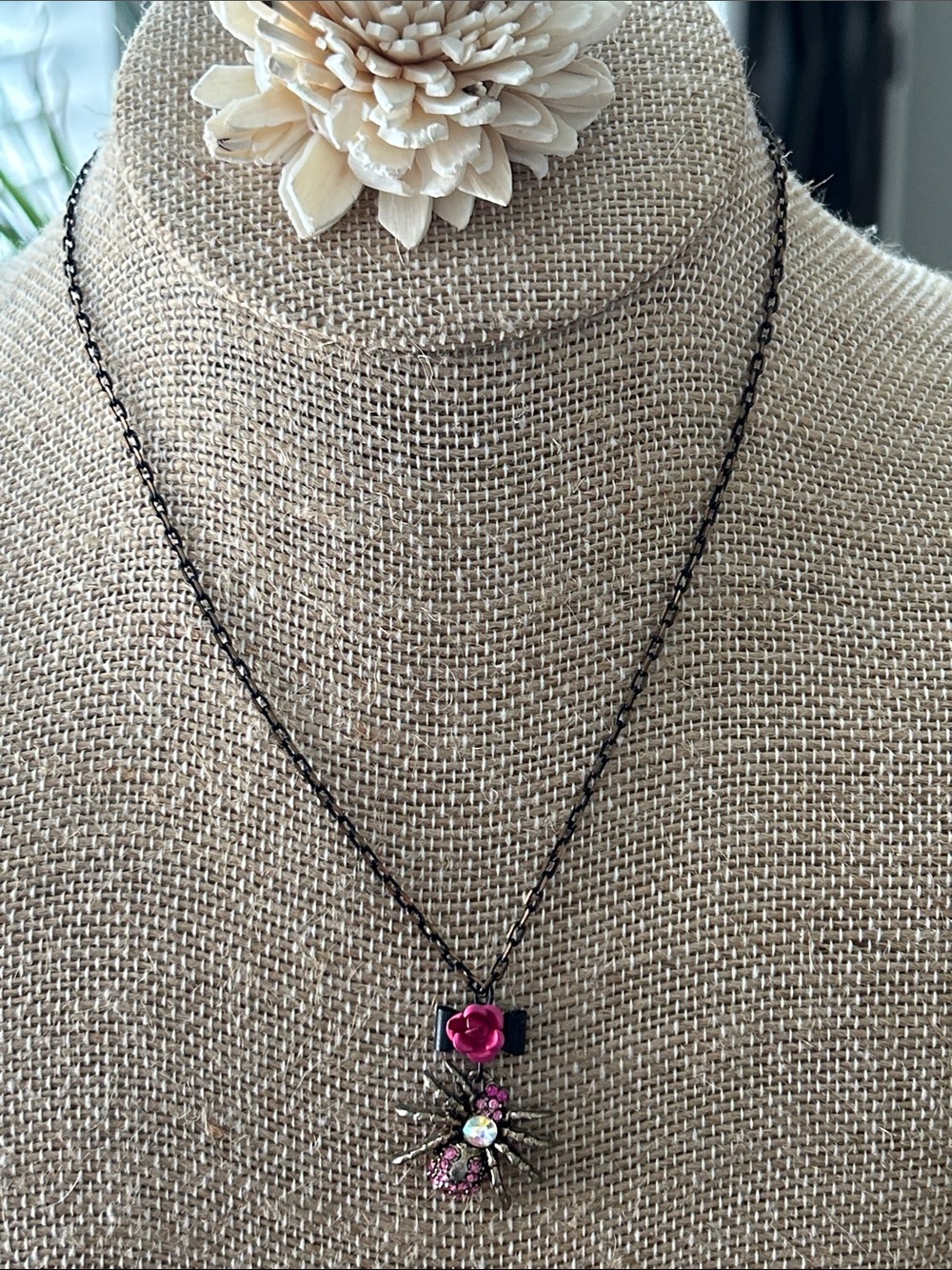 Betsey Johnson Antique Bronze Multi-Layer Necklace with Pink Flower/2 necklaces - Picture 3 of 10
